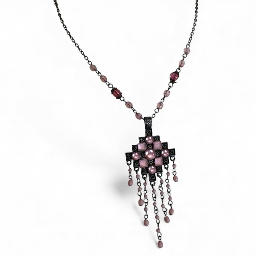 Vintage Silver Tone Pink Rhinestone Tiered Chandelier Necklace Womens Estate
